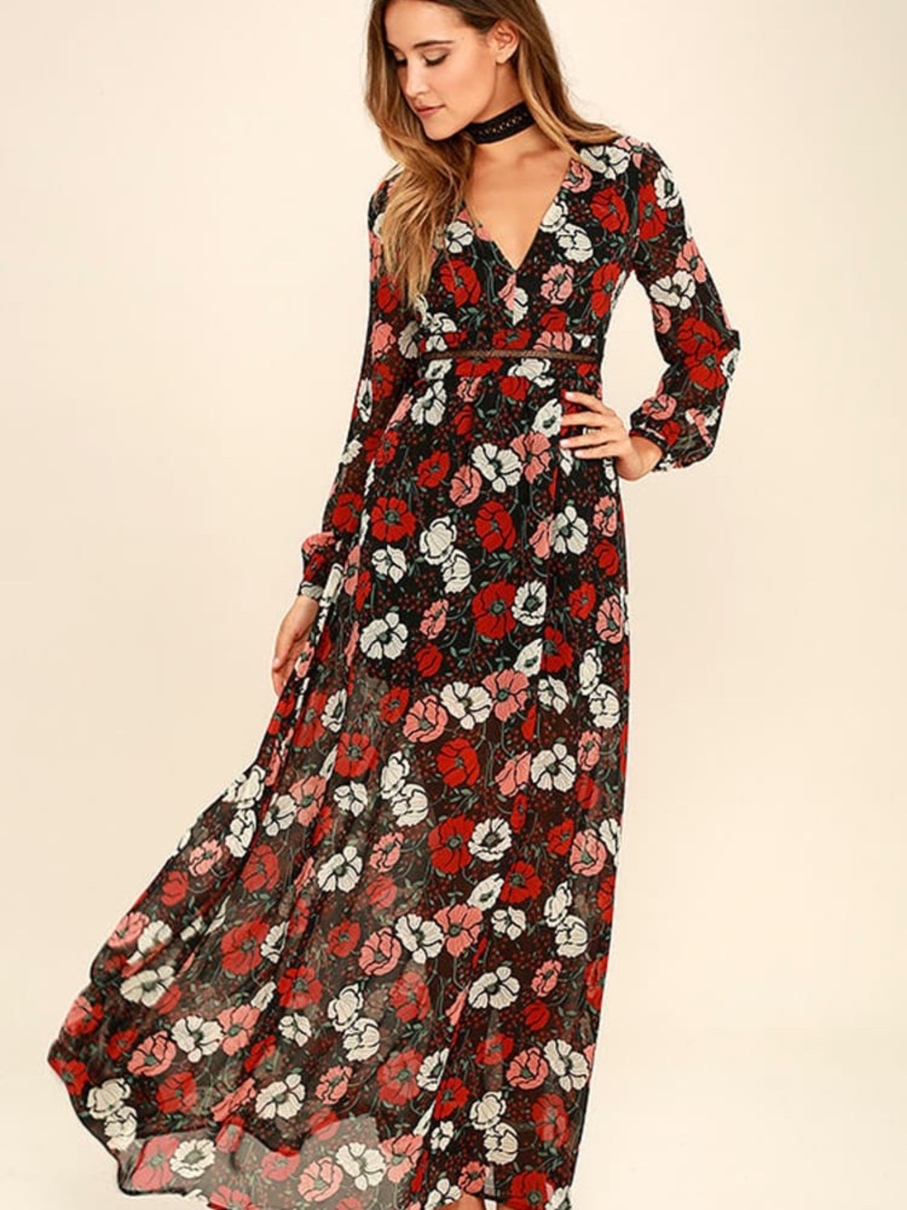 Lulus Parade of Poppies Black and Red Floral Print Maxi Dress